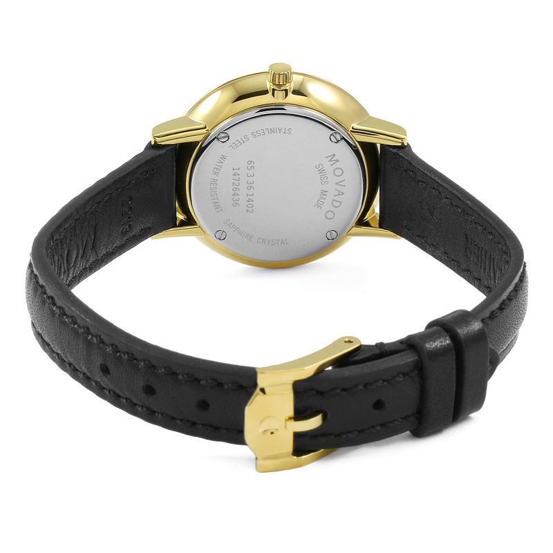 Movado Ultra Slim Black Dial Black Leather Strap Watch For Women - 0607095