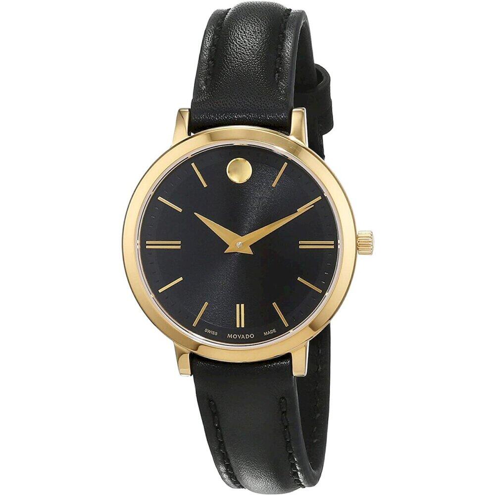 Movado Ultra Slim Black Dial Black Leather Strap Watch For Women - 0607095