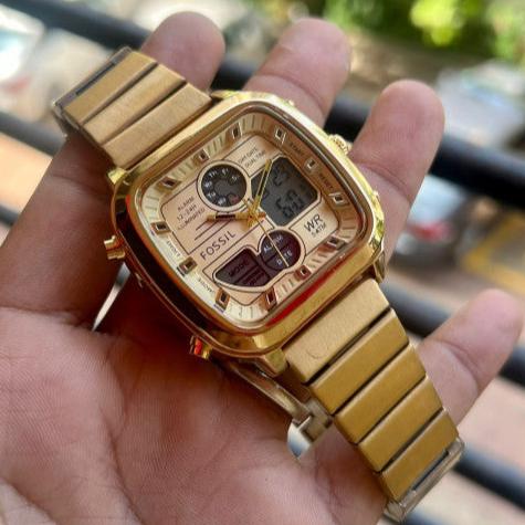 Fossil Retro Analog-Digital Gold Dial Gold Steel Strap Watch for Men - FS5889