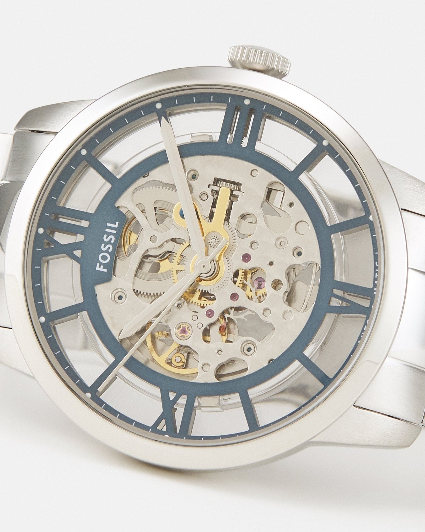 Fossil Townsman Automatic Skeleton Silver Dial Silver Steel Strap Watch for Men - ME3044