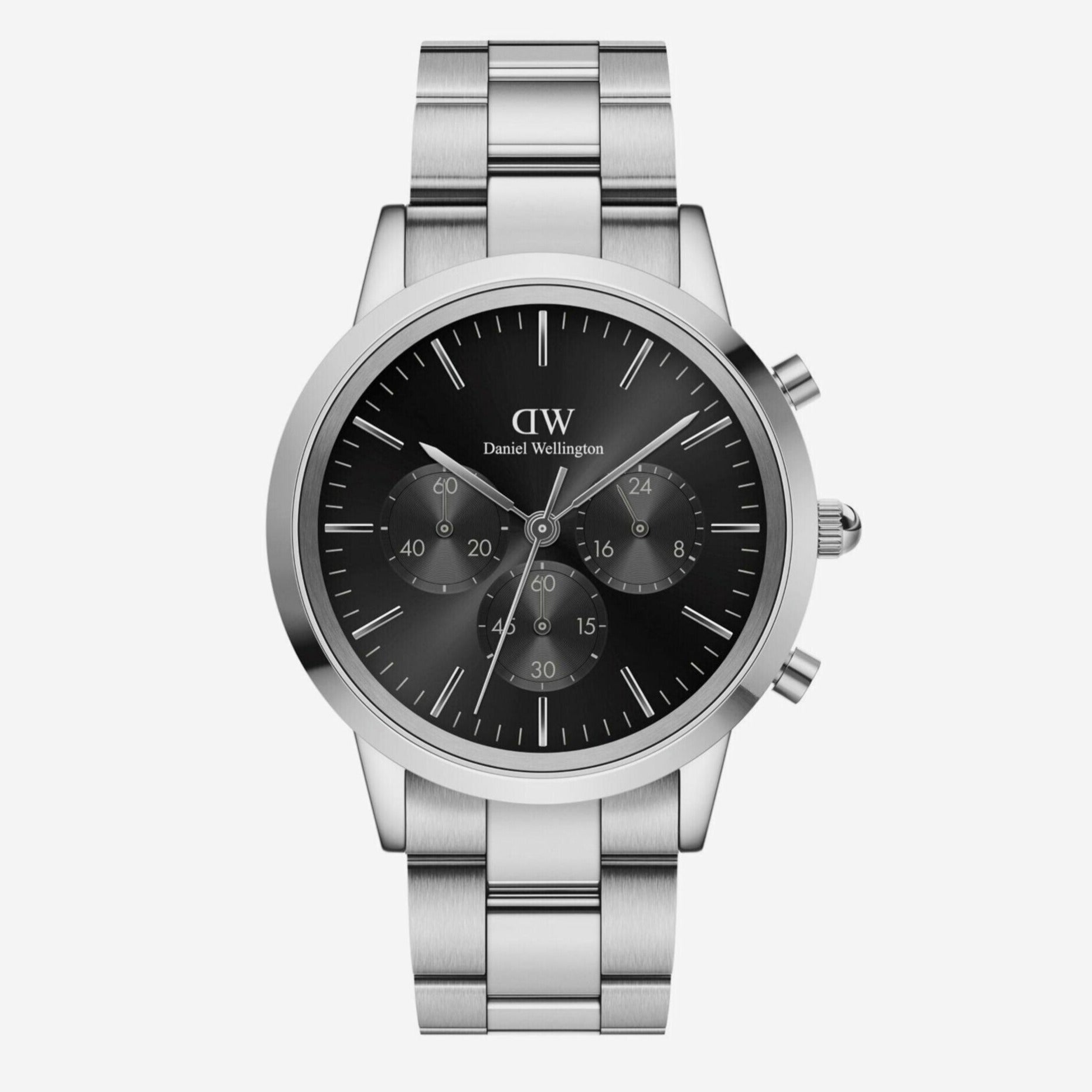 Daniel Wellington Iconic Chronograph Link Black Dial Silver Steel Strap Watch For Men - DW00100645