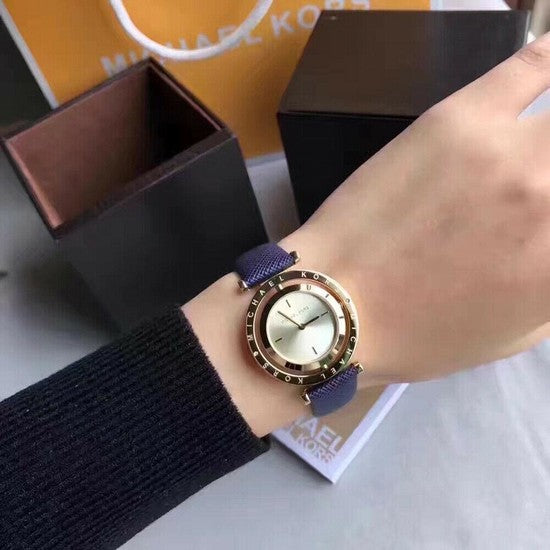 Michael Kors Averi Gold Dial Navy Blue Leather Strap Watch for Women - MK2526