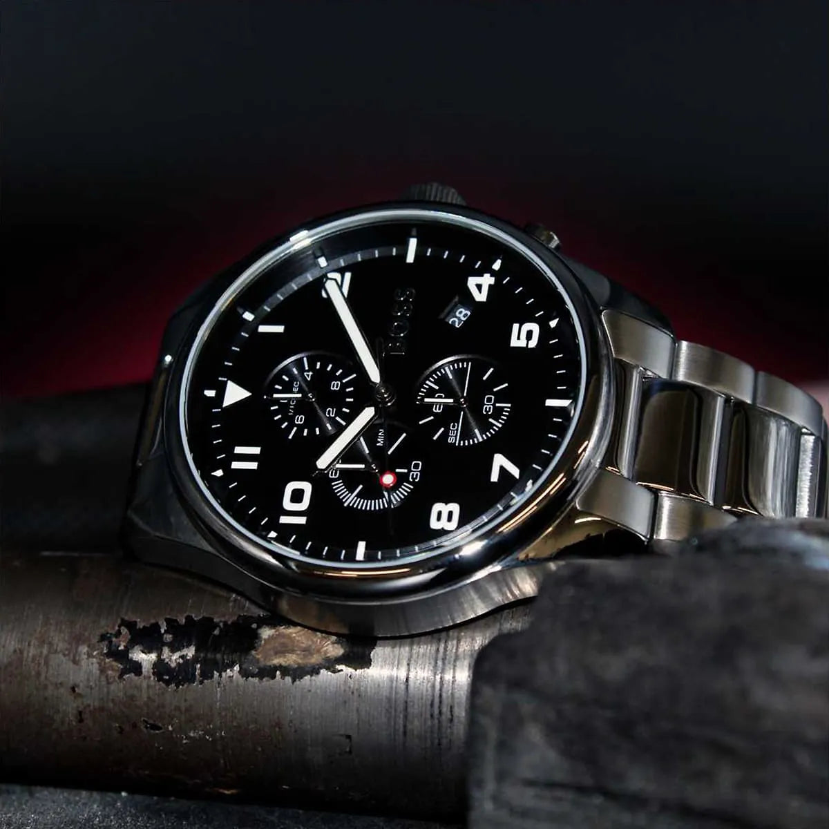 Hugo Boss View Chronograph Black Dial Silver Steel Strap Watch For Men - 1514008