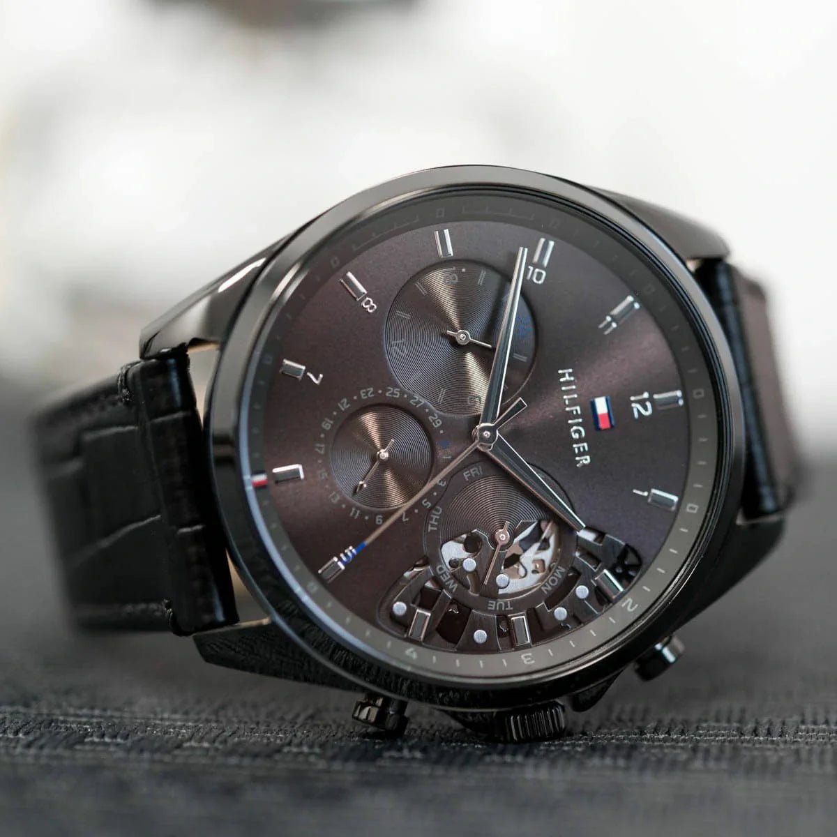 Tommy Hilfiger Baker Chronograph Black Dial Black Leather Strap Watch For Men - 1710452