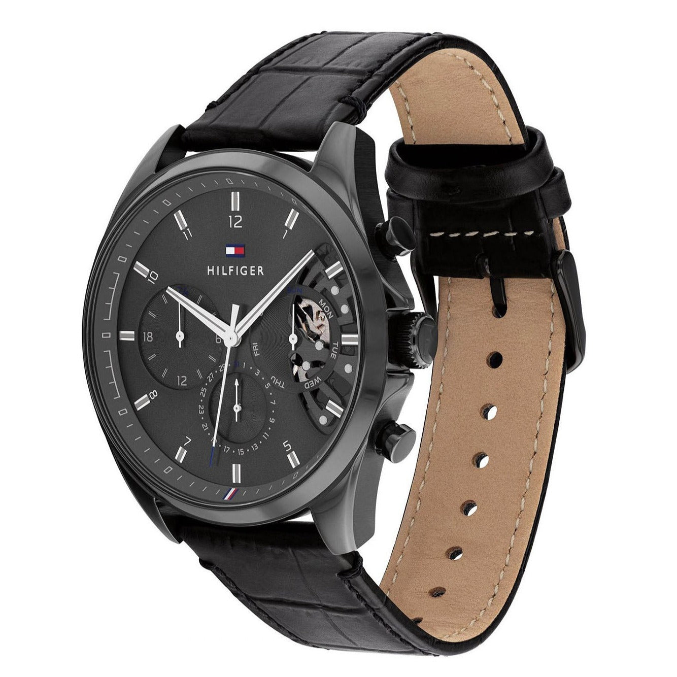 Tommy Hilfiger Baker Chronograph Black Dial Black Leather Strap Watch For Men - 1710452