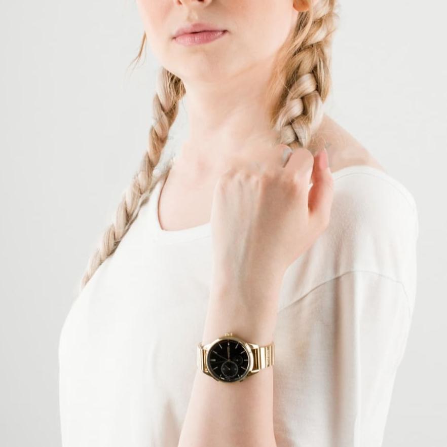 Tommy Hilfiger Brooke Black Dial Gold Steel Strap Watch for Women - 1782019