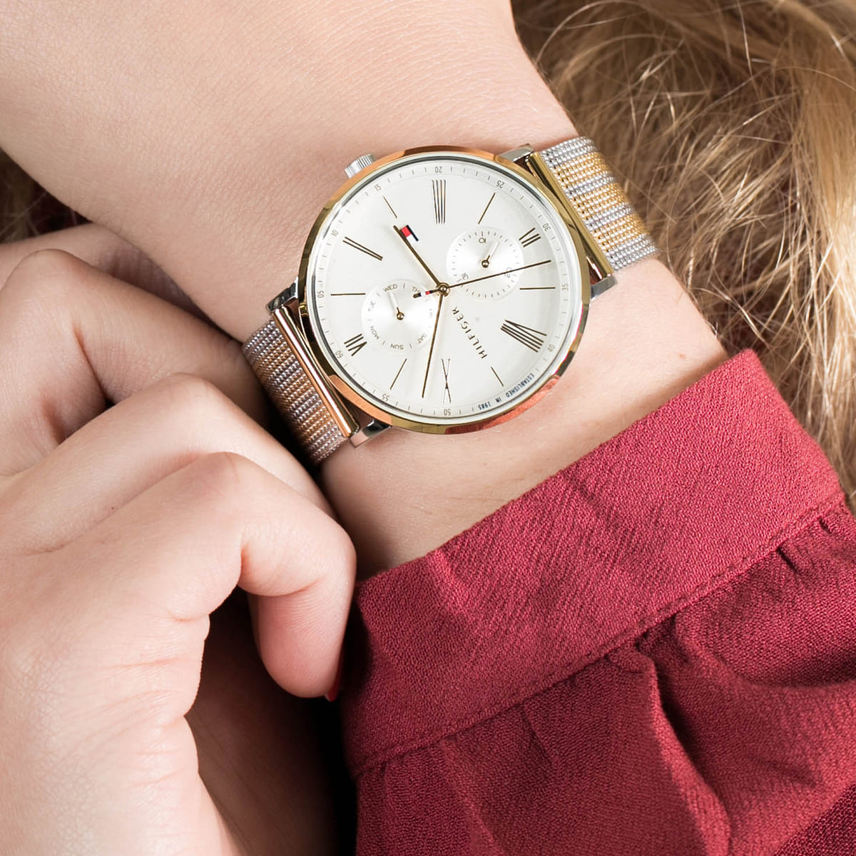 Tommy Hilfiger Jenna Quartz White Dial Two Tone Mesh Bracelet Watch for Women - 1782074
