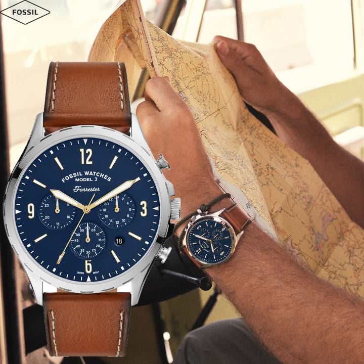 Fossil Forrester Chronograph Blue Dial Brown Leather Strap Watch for Men - S5607