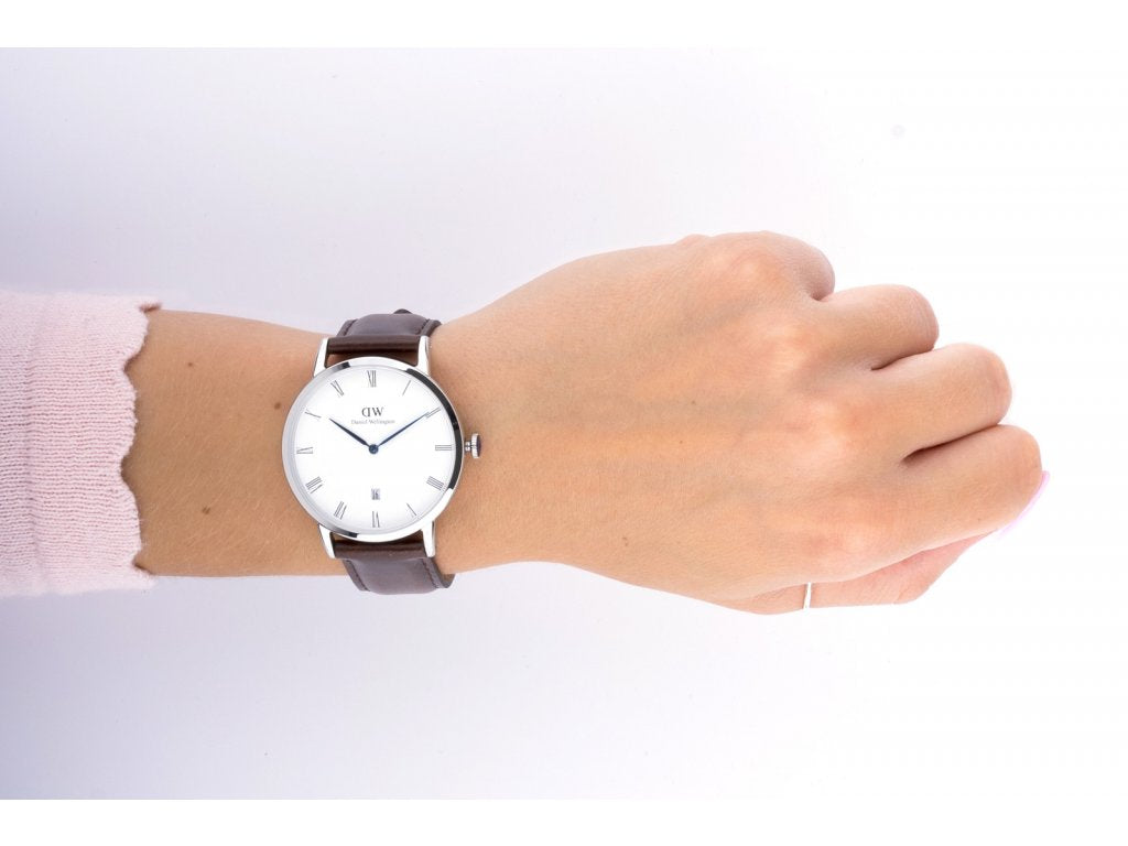 Daniel Wellington Dapper Bristol White Dial Brown Leather Strap Watch For Women - DW00100090