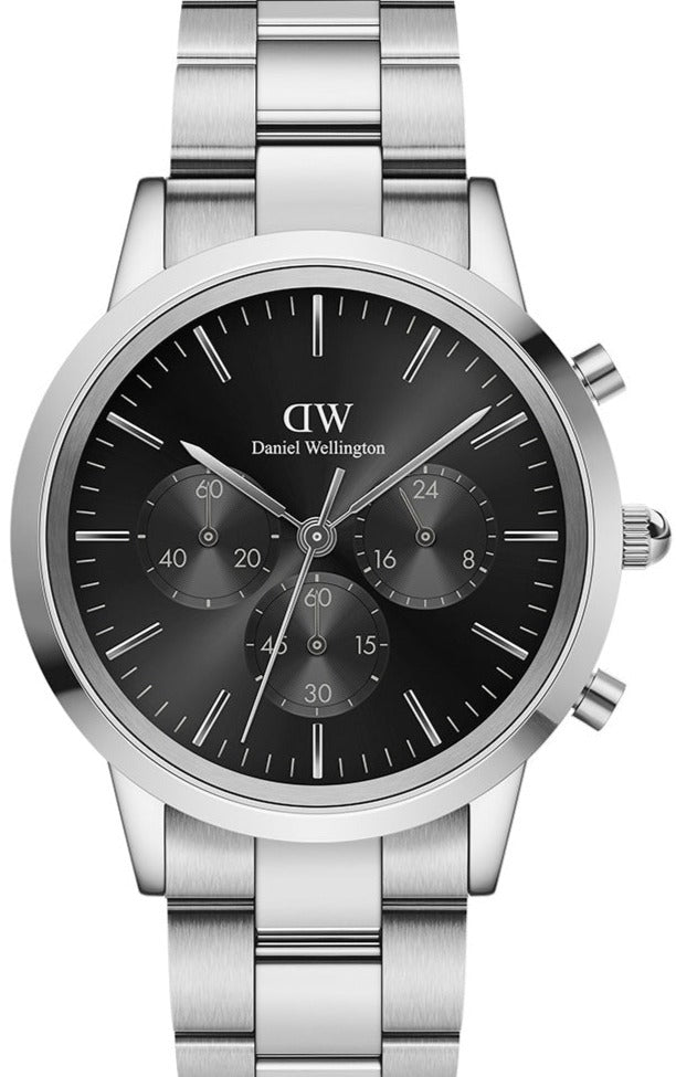 Daniel Wellington Iconic Chronograph Link Black Dial Silver Steel Strap Watch For Men - DW00100645