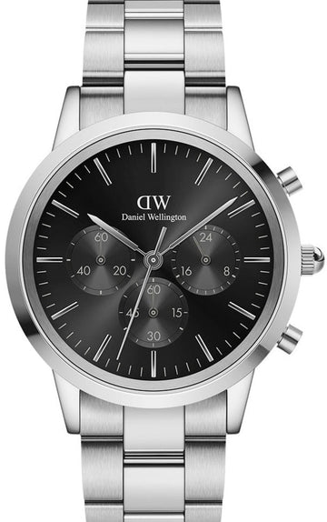 Daniel Wellington Iconic Chronograph Link Black Dial Silver Steel Strap Watch For Men - DW00100645