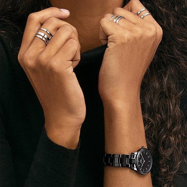 Daniel Wellington Iconic Link Ceramic Black Dial Black Steel Strap Watch For Women - DW00100414