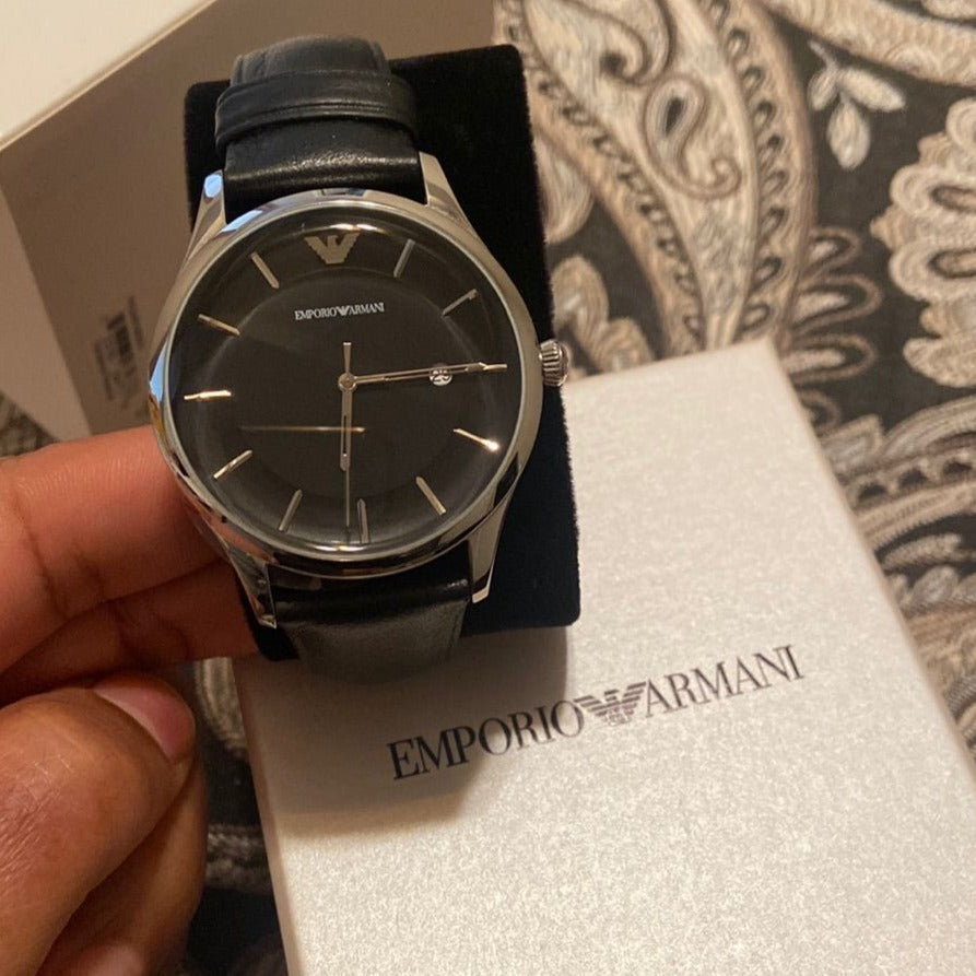 Emporio Armani Lambda Classic Quartz Black Dial Black Leather Strap Watch For Men - AR11020