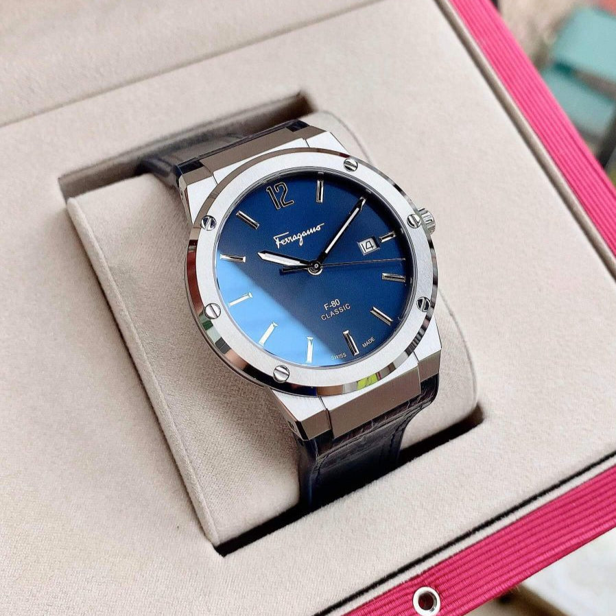 Salvatore Ferragamo F-80 Classic Blue Dial Blue Leather Strap Watch for Men - SFDT00319