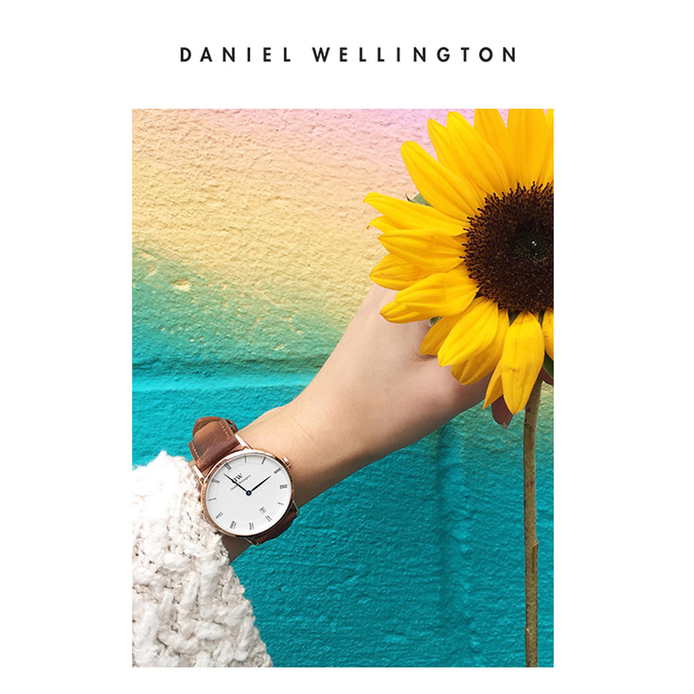 Daniel Wellington Dapper Bristol White Dial Brown Leather Strap Watch For Women - DW00100098