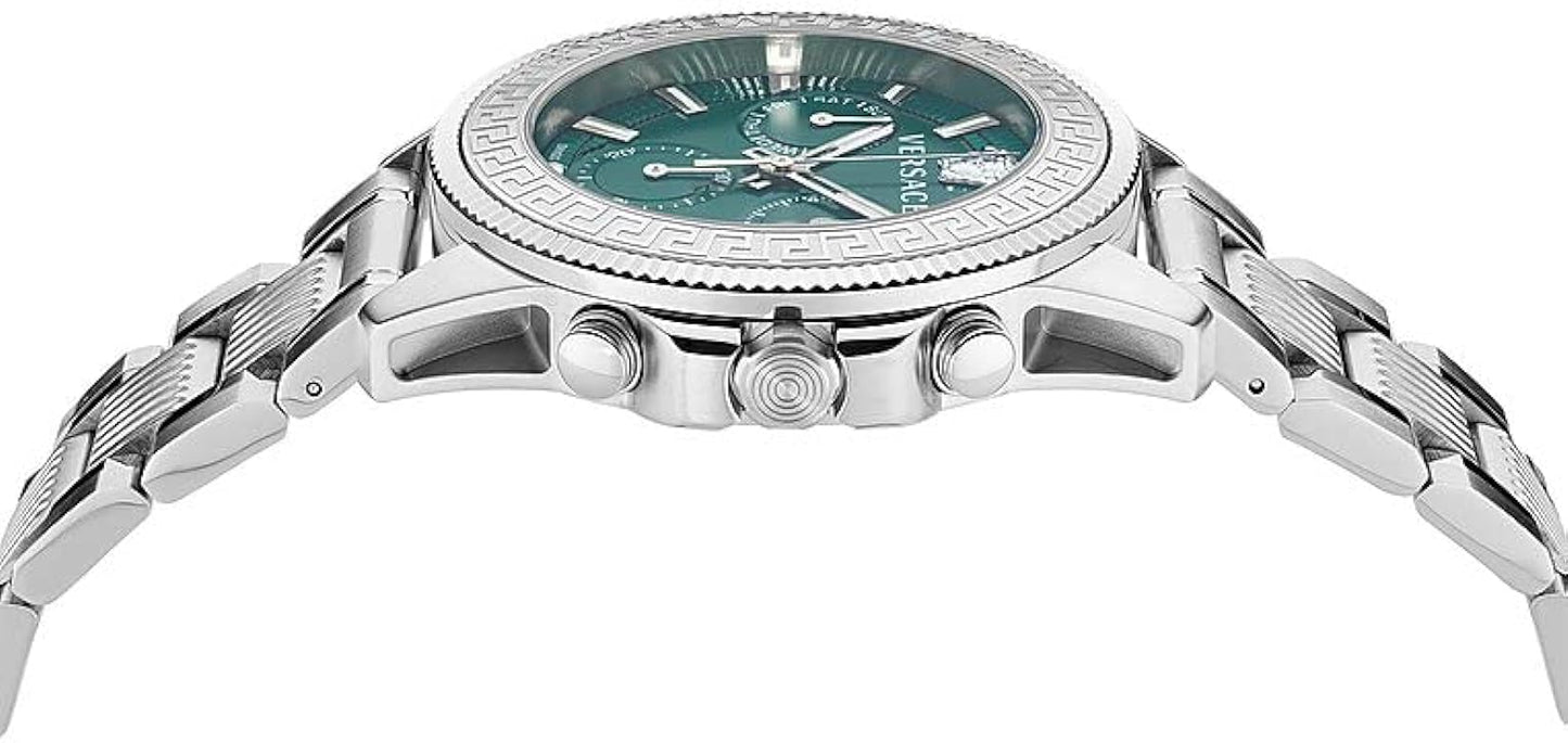 Versace Greca Action Chronograph Quartz Green Dial Silver Steel Strap Watch for Men - VE3J00422