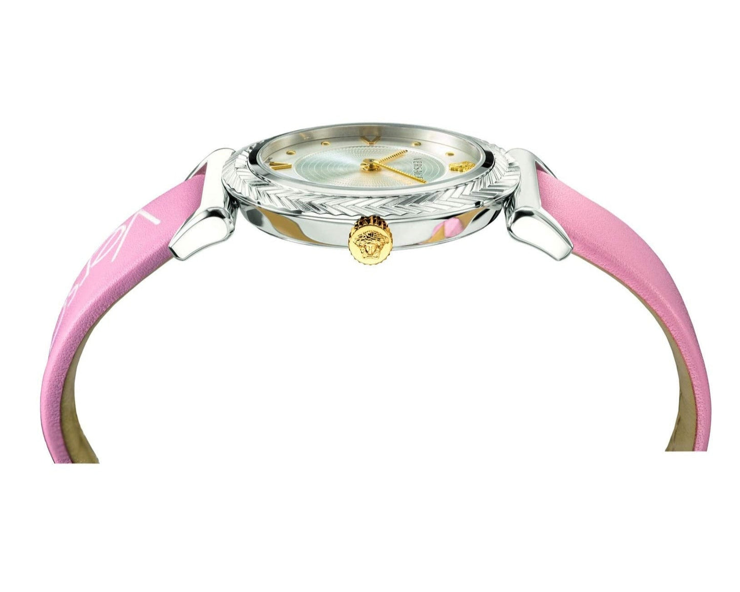 Versace V-Motif Silver Dial Pink Leather Strap Watch for Women - VERE00118