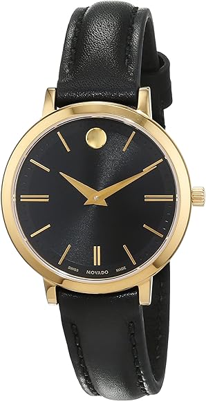 Movado Ultra Slim Black Dial Black Leather Strap Watch For Women - 0607095