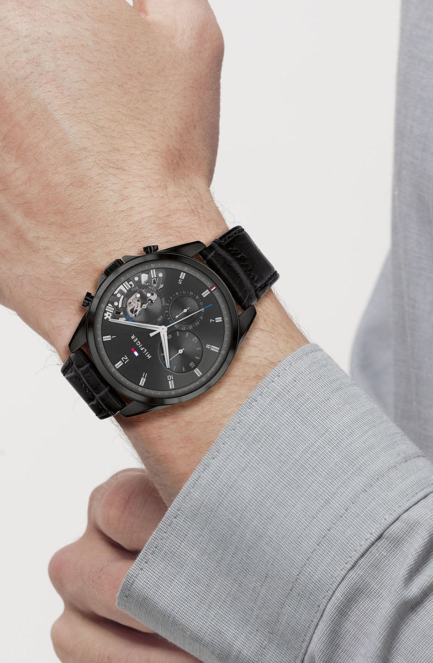 Tommy Hilfiger Baker Chronograph Black Dial Black Leather Strap Watch For Men - 1710452