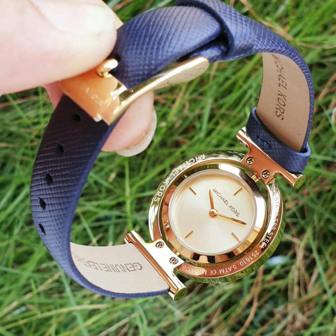 Michael Kors Averi Gold Dial Navy Blue Leather Strap Watch for Women - MK2526