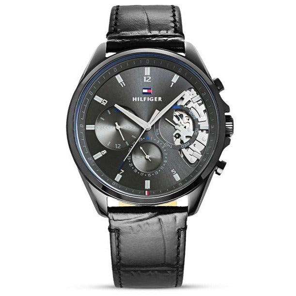 Tommy Hilfiger Baker Chronograph Black Dial Black Leather Strap Watch For Men - 1710452