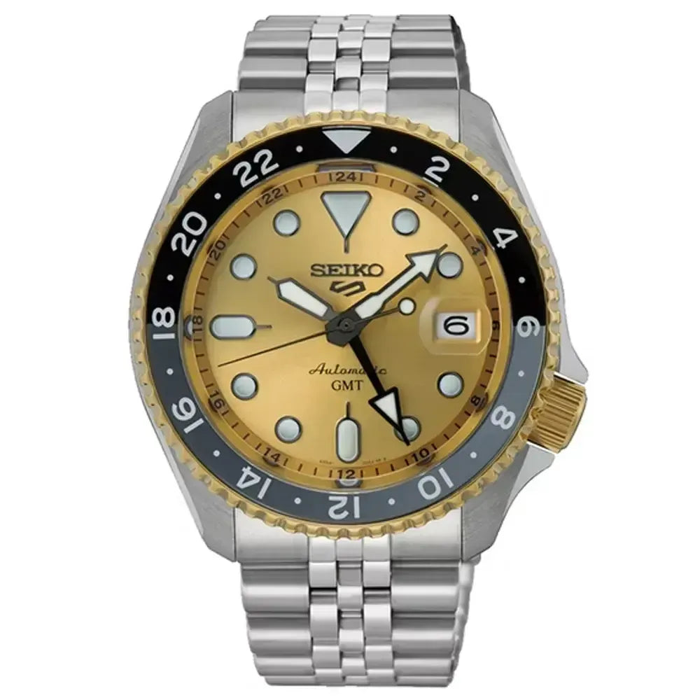 Seiko 5 Sports GMT Automatic 70th Anniversary Taiwan Limited Edition Gold Dial Silver Steel Strap Watch For Men - SSK044K1