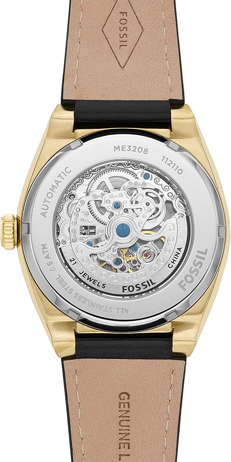 Fossil Everett Automatic Skeleton Black Dial Black Leather Strap Watch for Men - ME3208