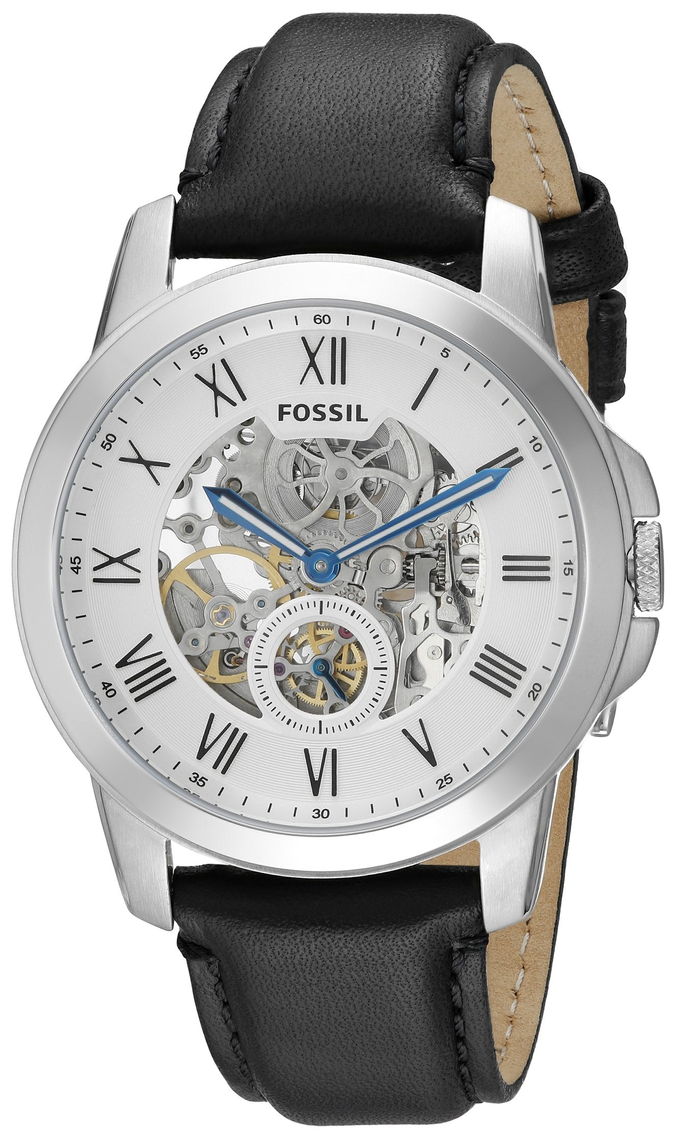 Fossil Grant Skeleton White Dial Black Leather Strap Watch for Men - ME3053