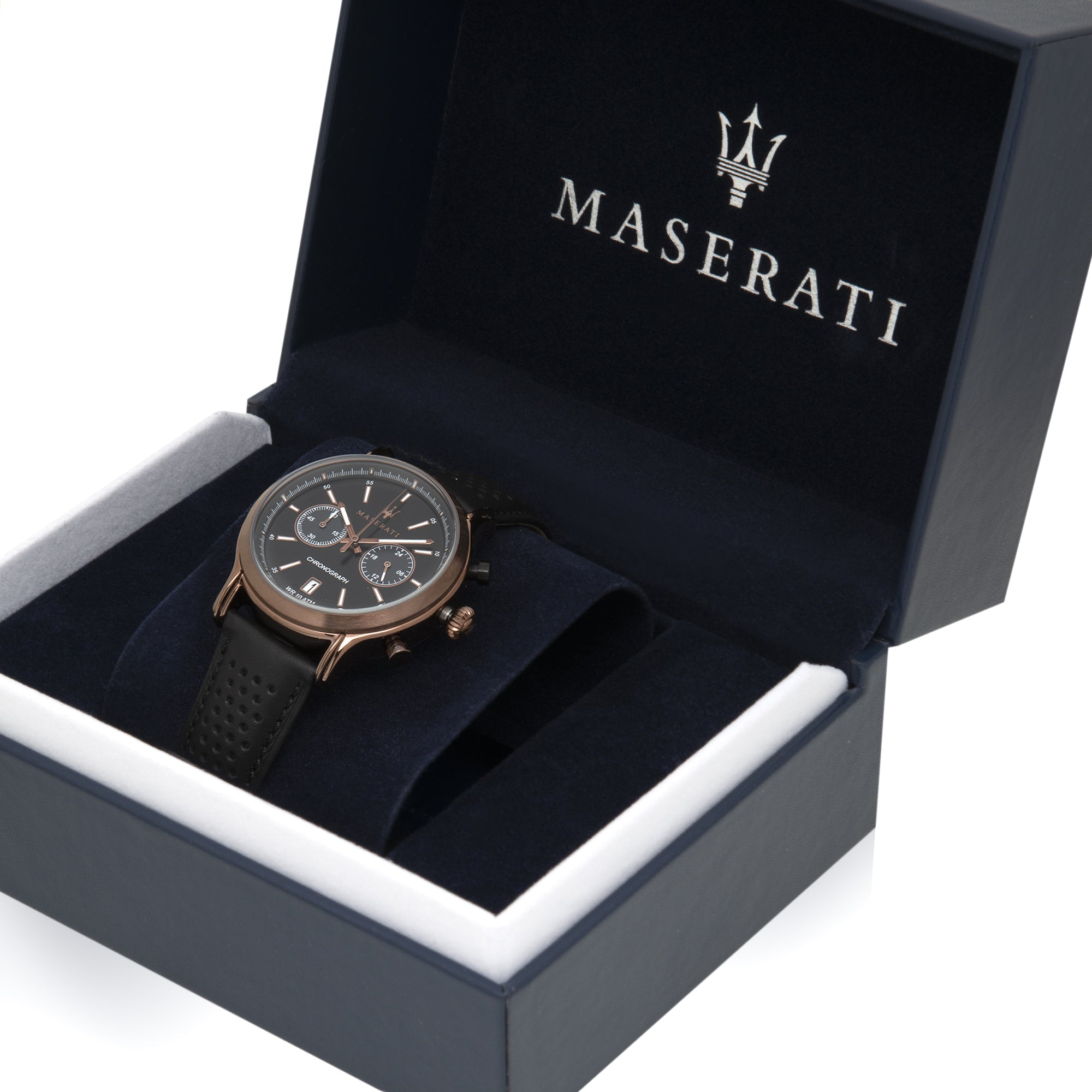 Maserati Legend Chronograph Black Dial Black Leather Strap Watch For Men - R8871638001