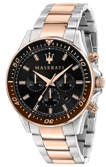Maserati SFIDA Chronograph Black Dial Two Tone Steel Strap Watch For Men - R8873640009