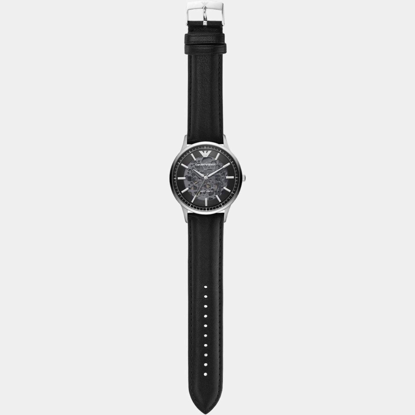 Emporio Armani Meccanico Skeleton Automatic Black Dial Black Leather Strap Watch for Men - AR60038