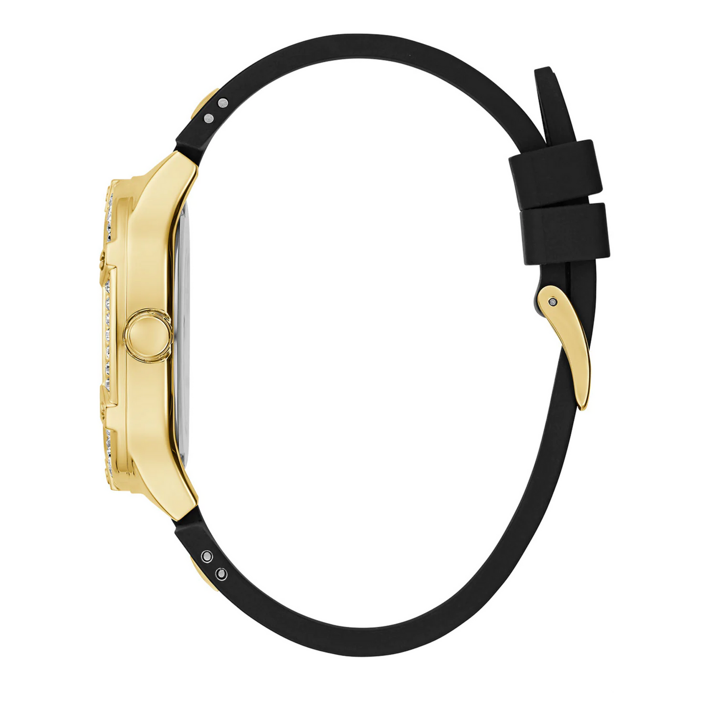 Guess Duchess Crystals Gold Dial Black Silicon Strap Watch For Women - GW0619L2