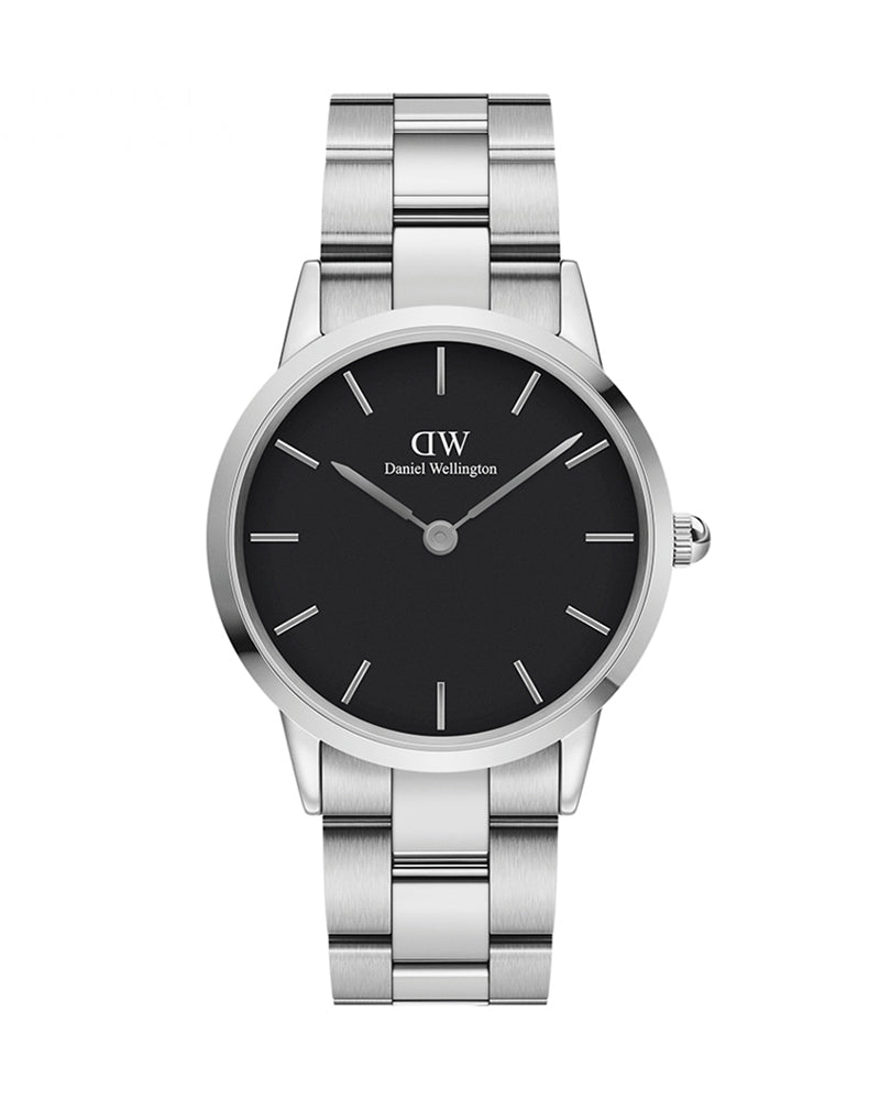 Daniel Wellington Iconic Link Black Dial Silver Steel Strap Watch for Women - DW00100204