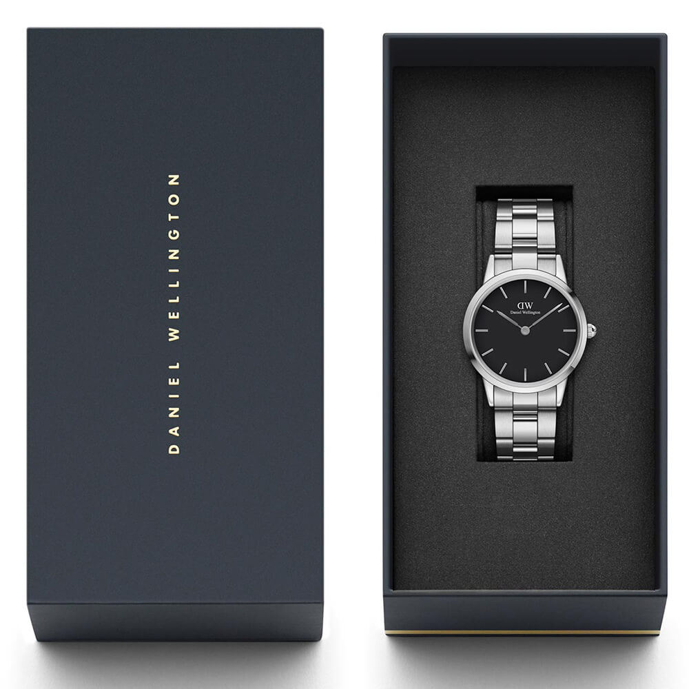 Daniel Wellington Iconic Link Black Dial Silver Steel Strap Watch For Women - DW00100206