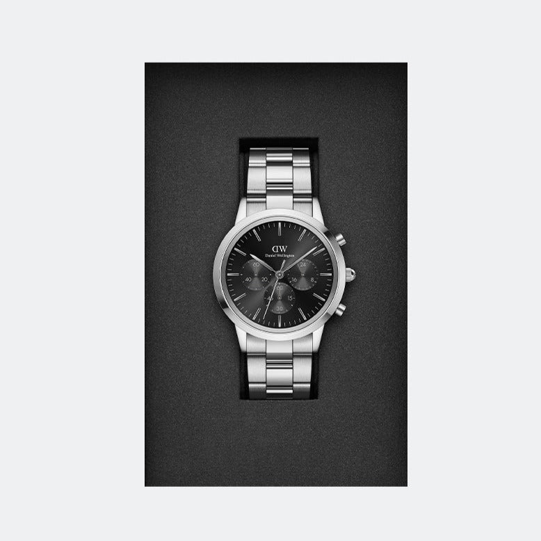Daniel Wellington Iconic Chronograph Link Black Dial Silver Steel Strap Watch For Men - DW00100645