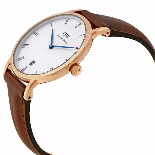 Daniel Wellington Dapper St Mawes White Dial Brown Leather Strap Watch For Women - DW00100091