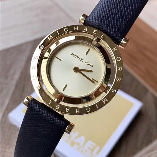 Michael Kors Averi Gold Dial Navy Blue Leather Strap Watch for Women - MK2526