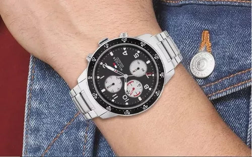 Tommy Hilfiger Jimmy Multifunction Black Dial Silver Steel Strap Watch For Men - 1791950