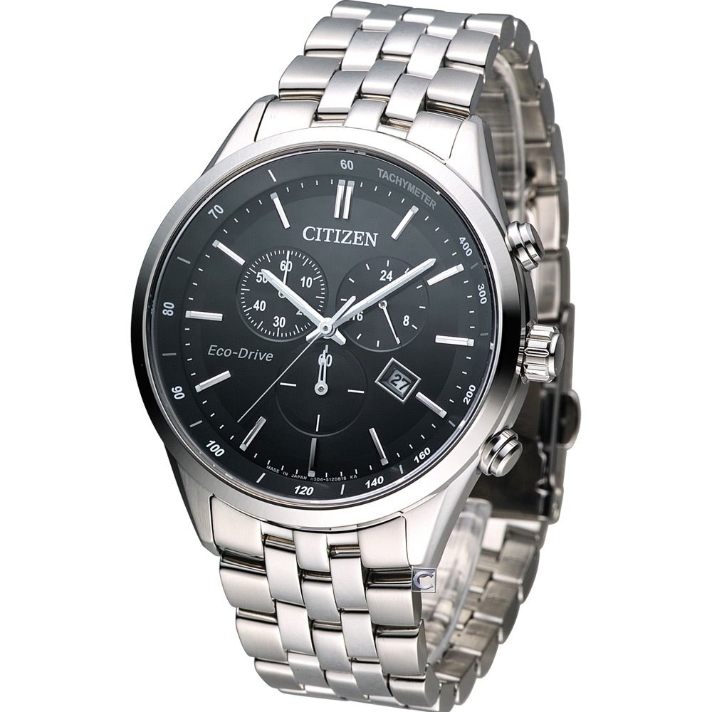 Citizen Eco Drive Chronograph Black Dial Silver Steel Strap Watch For Men - AT2140-55E