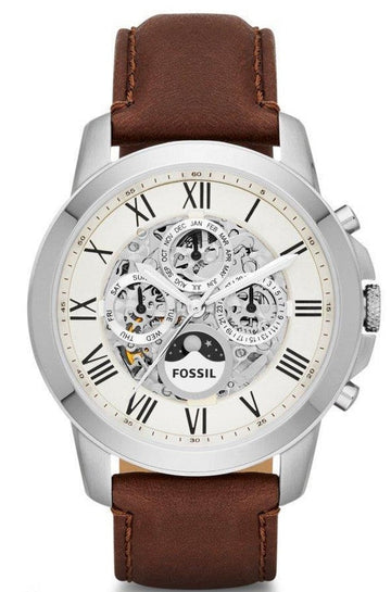 Fossil Grant Automatic White Dial Brown Leather Strap Watch for Men - ME3027