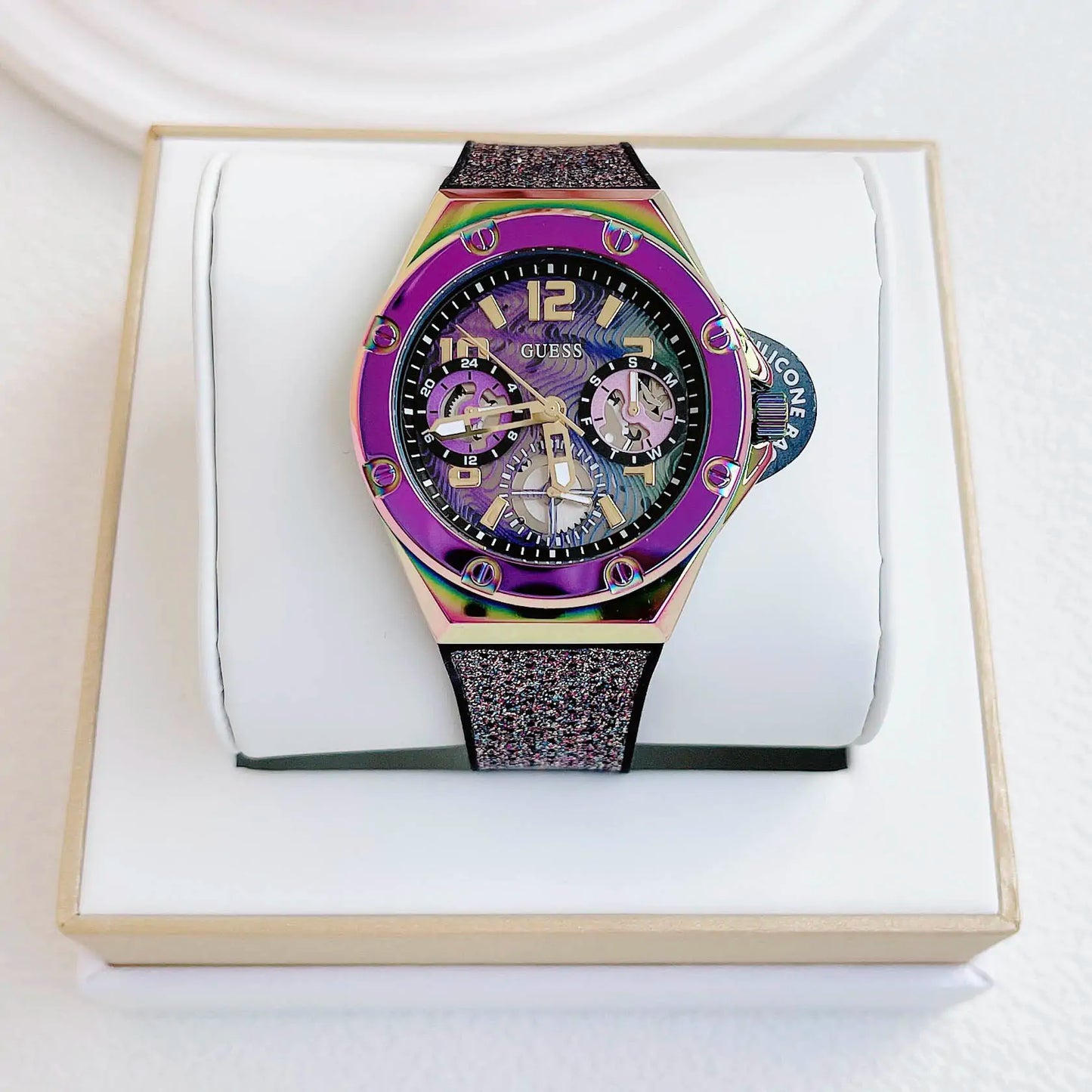 Guess Multifunction Analog Purple Dial Black Rubber Strap Watch For Women - GW0620L4