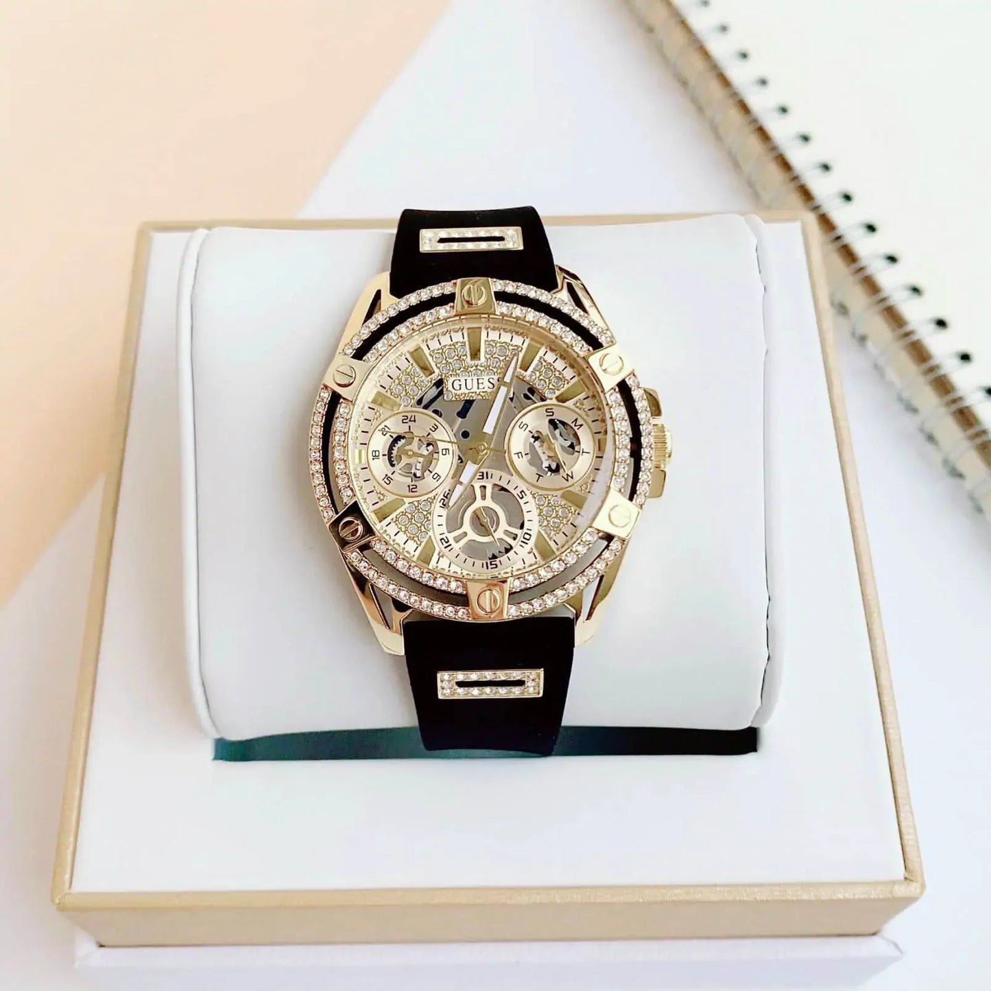 Guess Queen Quartz Gold Dial Black Silicone Strap Watch For Women - GW0536L3