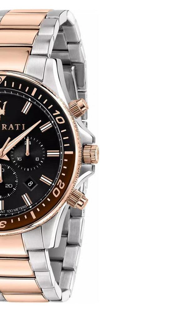 Maserati SFIDA Chronograph Black Dial Two Tone Steel Strap Watch For Men - R8873640009