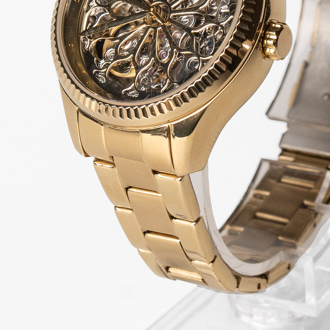 Fossil Rye Automatic Skeleton Gold Dial Gold Steel Strap Watch for Women - BQ3755