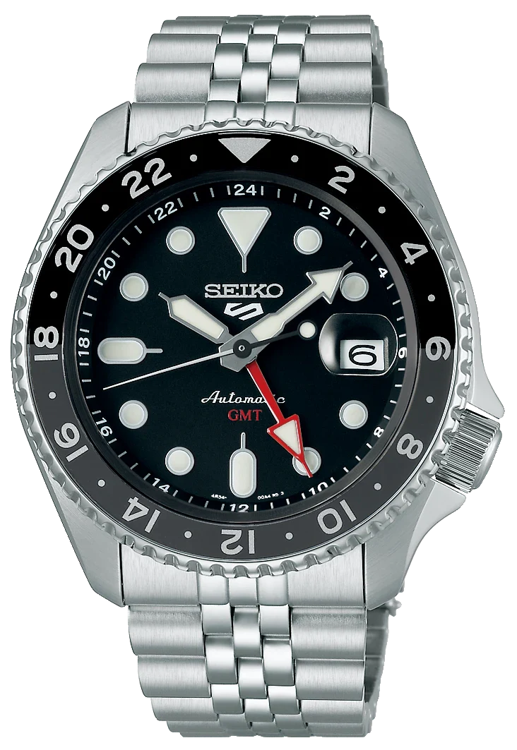Seiko 5 Sports Automatic GMT Black Dial Silver Steel Strap Watch For Men - SSK001K1