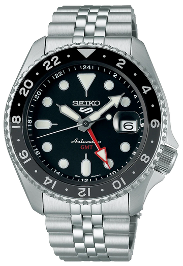 Seiko 5 Sports Automatic GMT Black Dial Silver Steel Strap Watch For Men - SSK001K1
