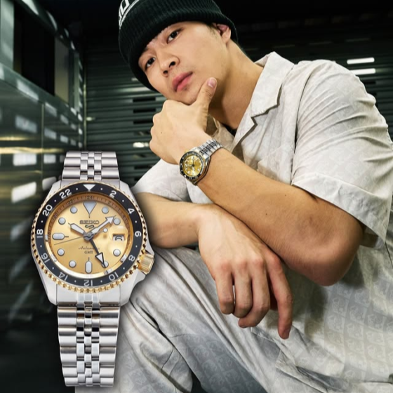 Seiko 5 Sports GMT Automatic 70th Anniversary Taiwan Limited Edition Gold Dial Silver Steel Strap Watch For Men - SSK044K1