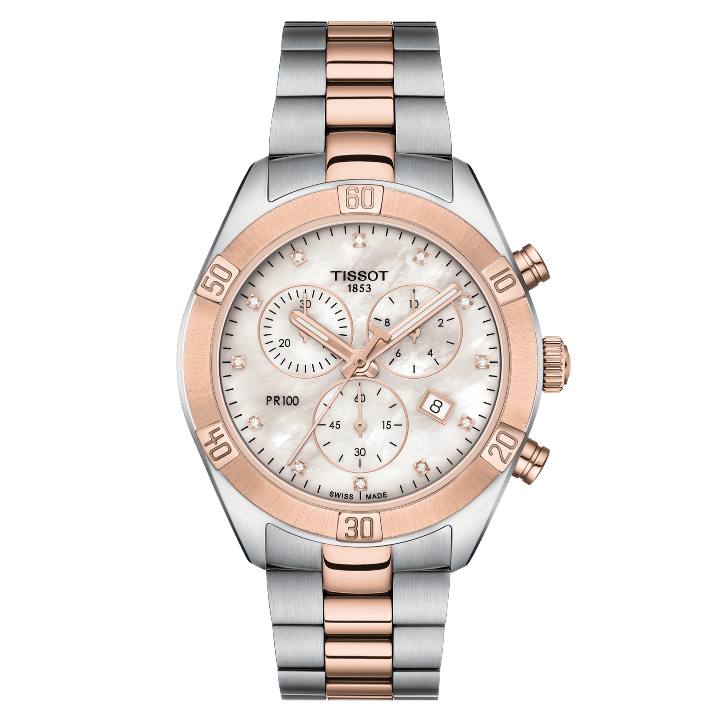 Tissot PR 100 Sport Chic Chronograph Diamonds Mother of Pearl Dial Two Tone Steel Strap Watch for Women - T101.917.22.116.00