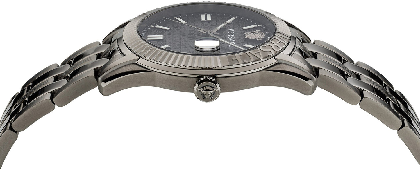Versace Greca Time Quartz Black Dial Grey Steel Strap Watch for Men - VE3K00622