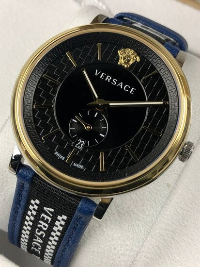Versace V-Circle Black Dial Blue Leather Strap Watch for Men - VEBQ01419